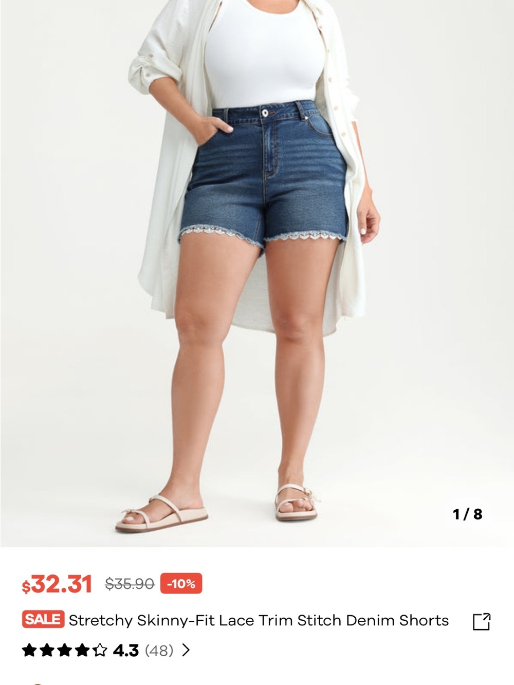 High-Rise Dark Blue Denim Shorts with Lace Trim